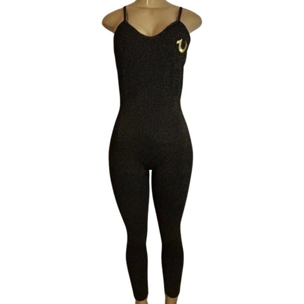 True Religion Catsuit Black Gold Sparkle Y2K Bodycon Unitard Horseshoe Logo M-L